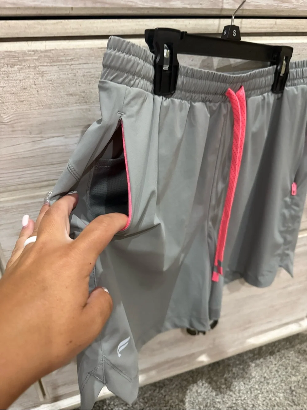 Fabletics Women's Gray Active Shorts with Pink Drawstring